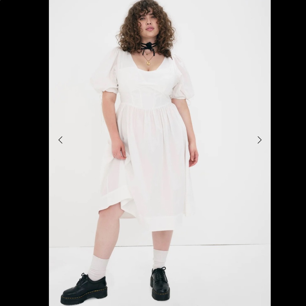 NWOT Classic Puff-Sleeve Midi Dress in White - Picture 2 of 8